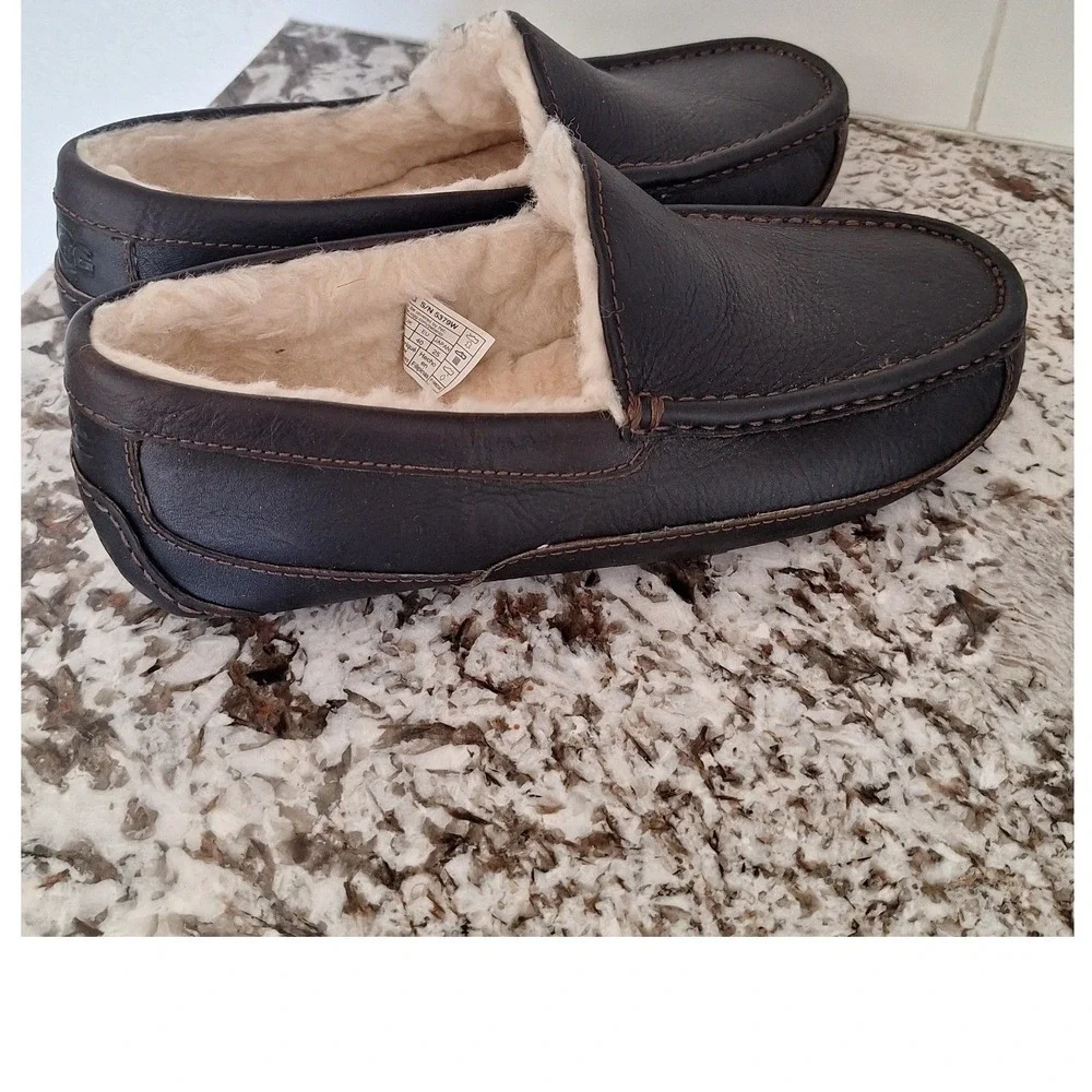 UGG Ascot Leather Casual Foam Footbed Wool Blend‎ Slippers 7EEE Brown Slip On